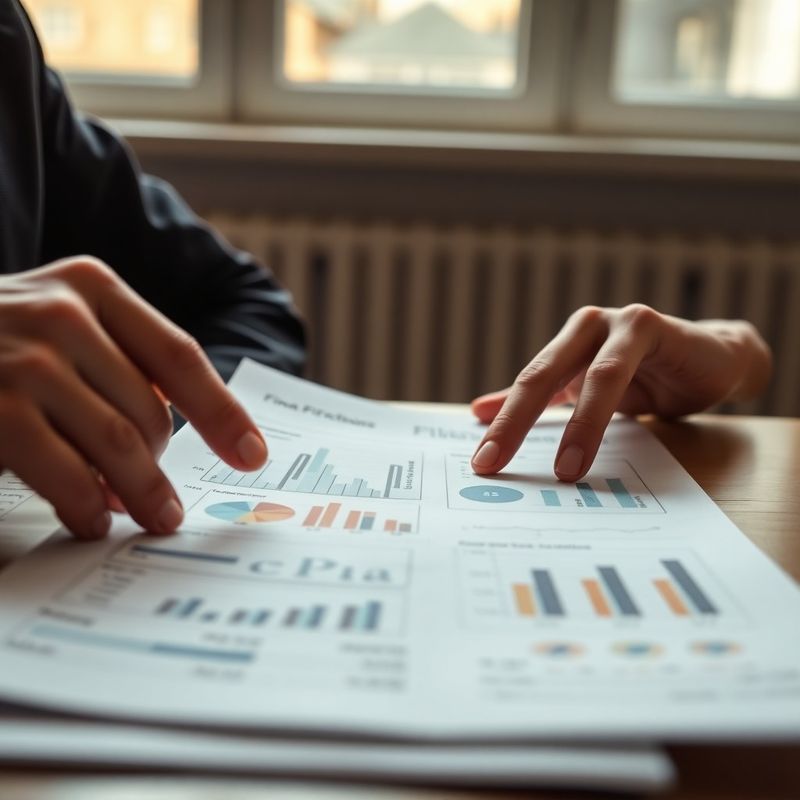 Detail rukou ukazujících na tištěný finanční plán s grafy